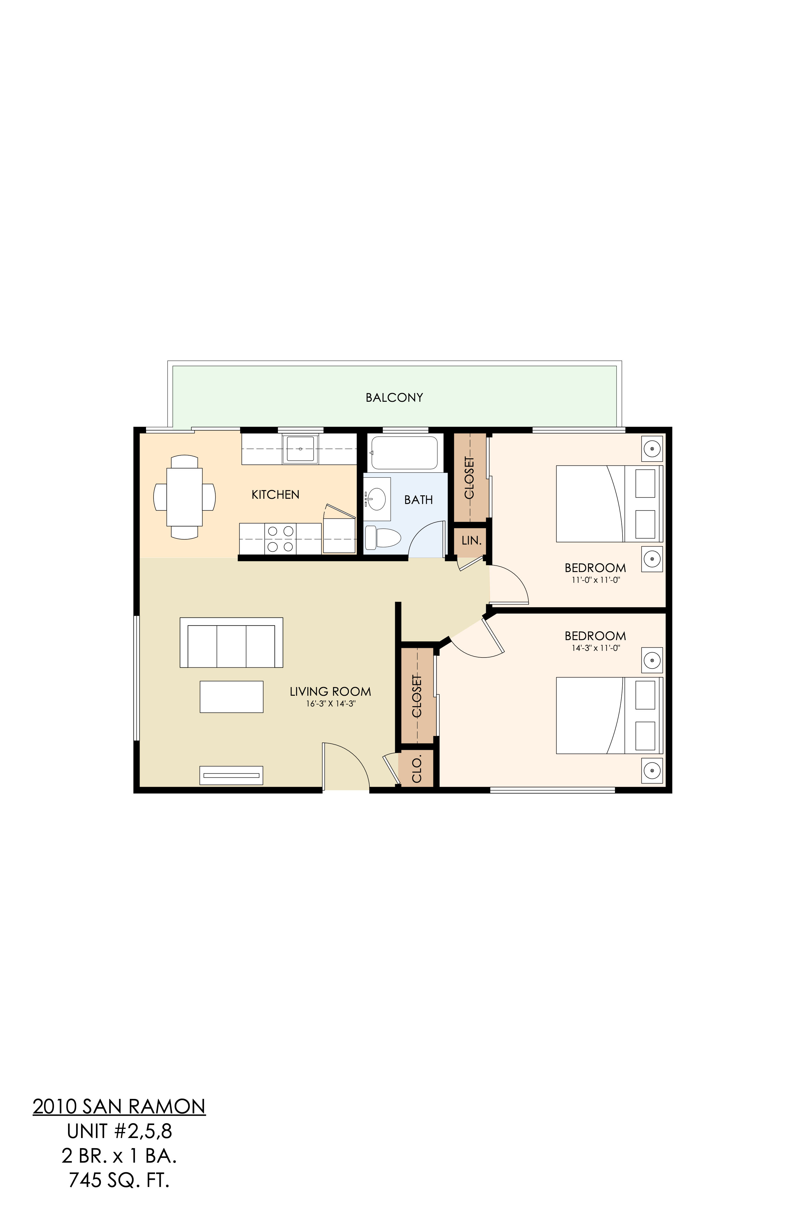 Floor plan for 2 beds, 1 bath, 745 sqft